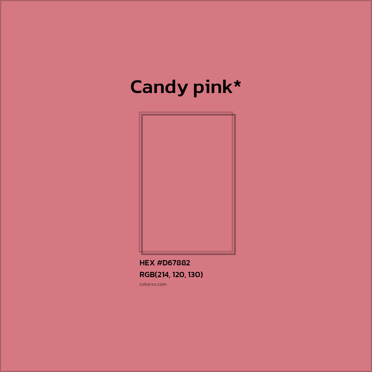 #D67882 hex color. RGB, RYB, CMYK, HSL, HSV codes and color conversions. Matching color names, palettes, paints.