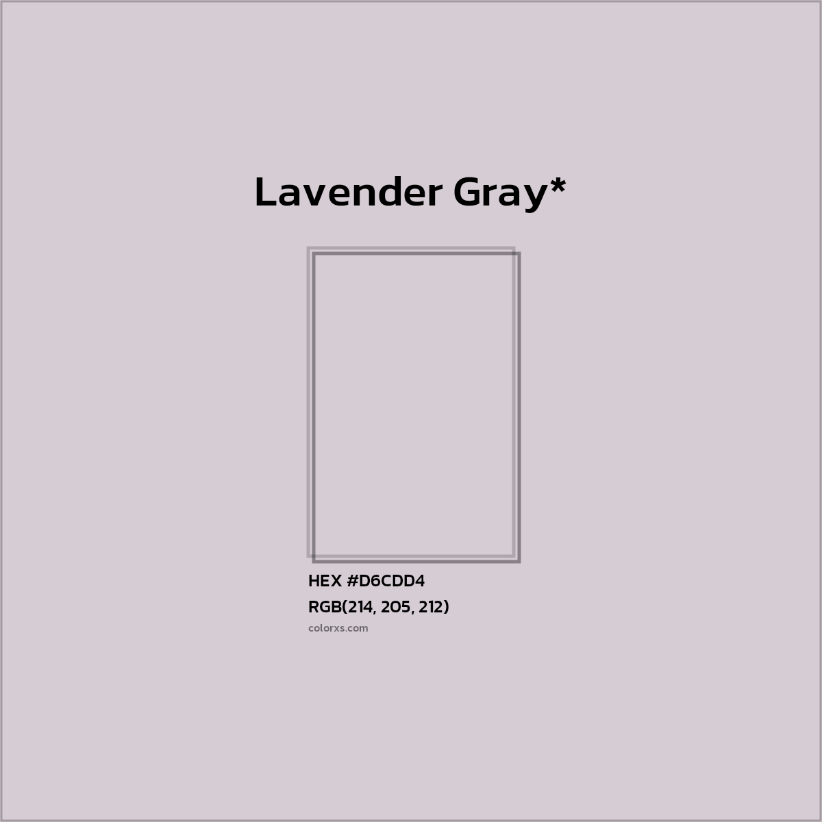 #D6CDD4 hex color. RGB, RYB, CMYK, HSL, HSV codes and color conversions. Matching color names, palettes, paints.
