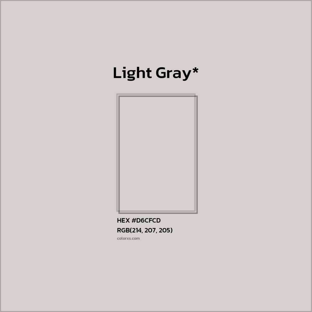 #D6CFCD hex color. RGB, RYB, CMYK, HSL, HSV codes and color conversions. Matching color names, palettes, paints.