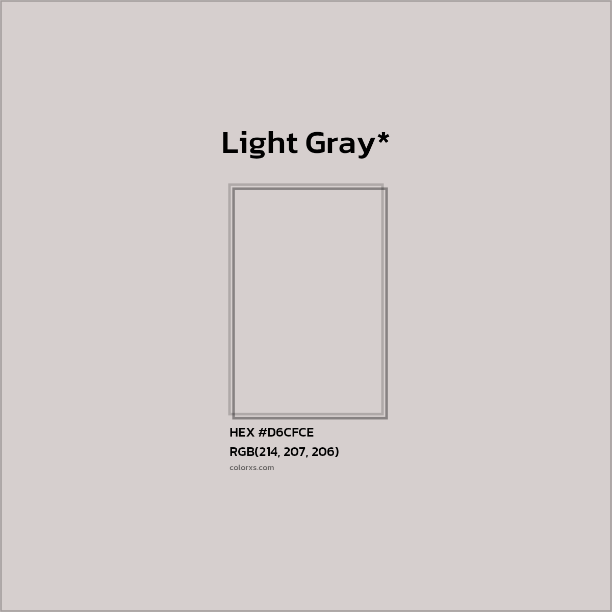 #D6CFCE hex color. RGB, RYB, CMYK, HSL, HSV codes and color conversions. Matching color names, palettes, paints.