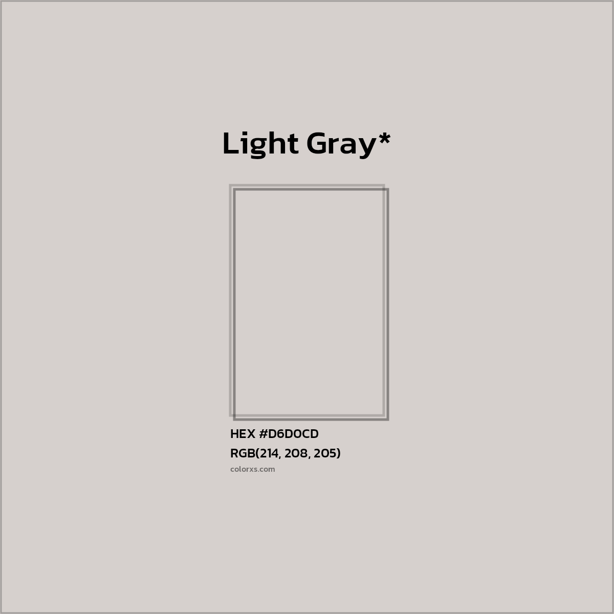 #D6D0CD hex color. RGB, RYB, CMYK, HSL, HSV codes and color conversions. Matching color names, palettes, paints.