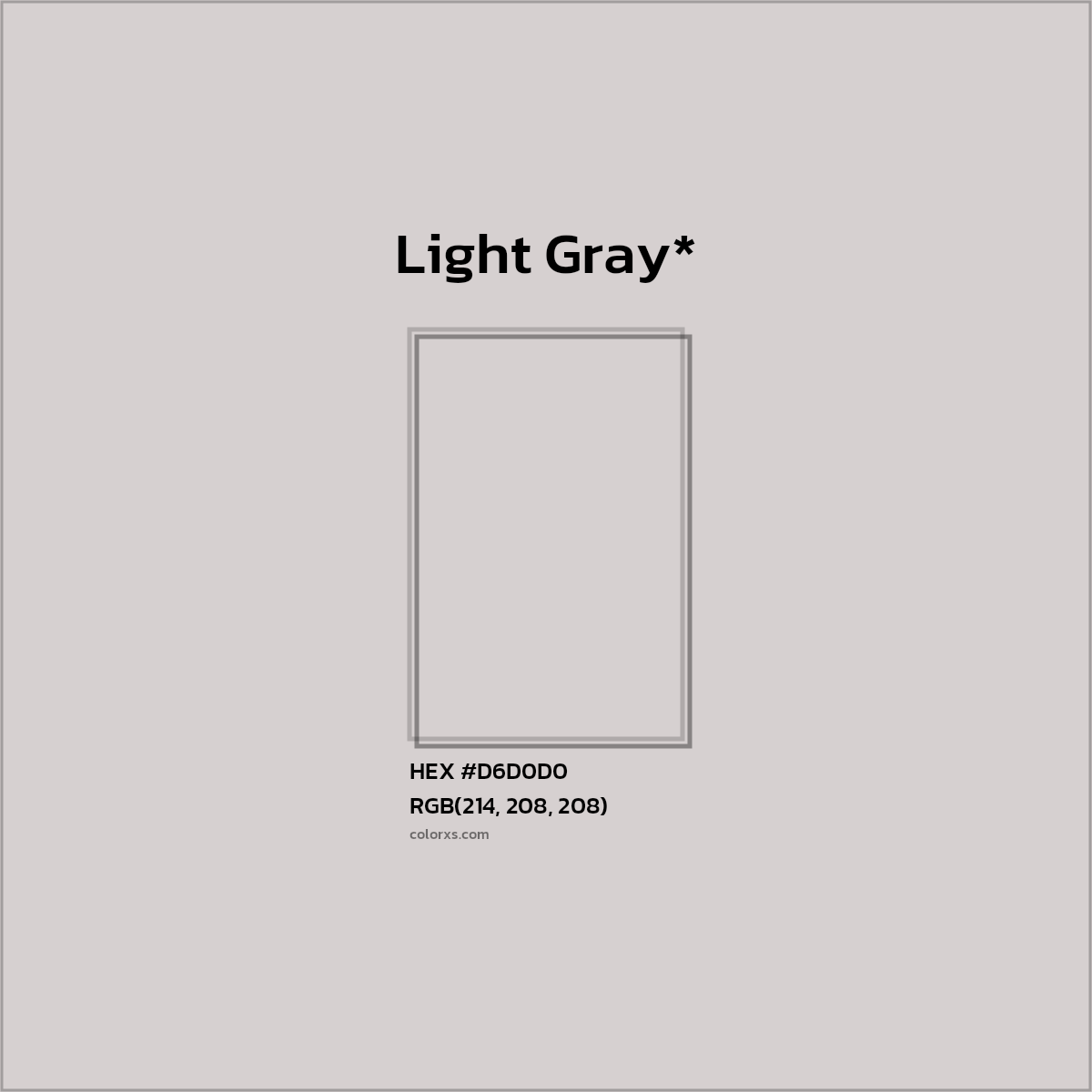 #D6D0D0 hex color. RGB, RYB, CMYK, HSL, HSV codes and color conversions. Matching color names, palettes, paints.