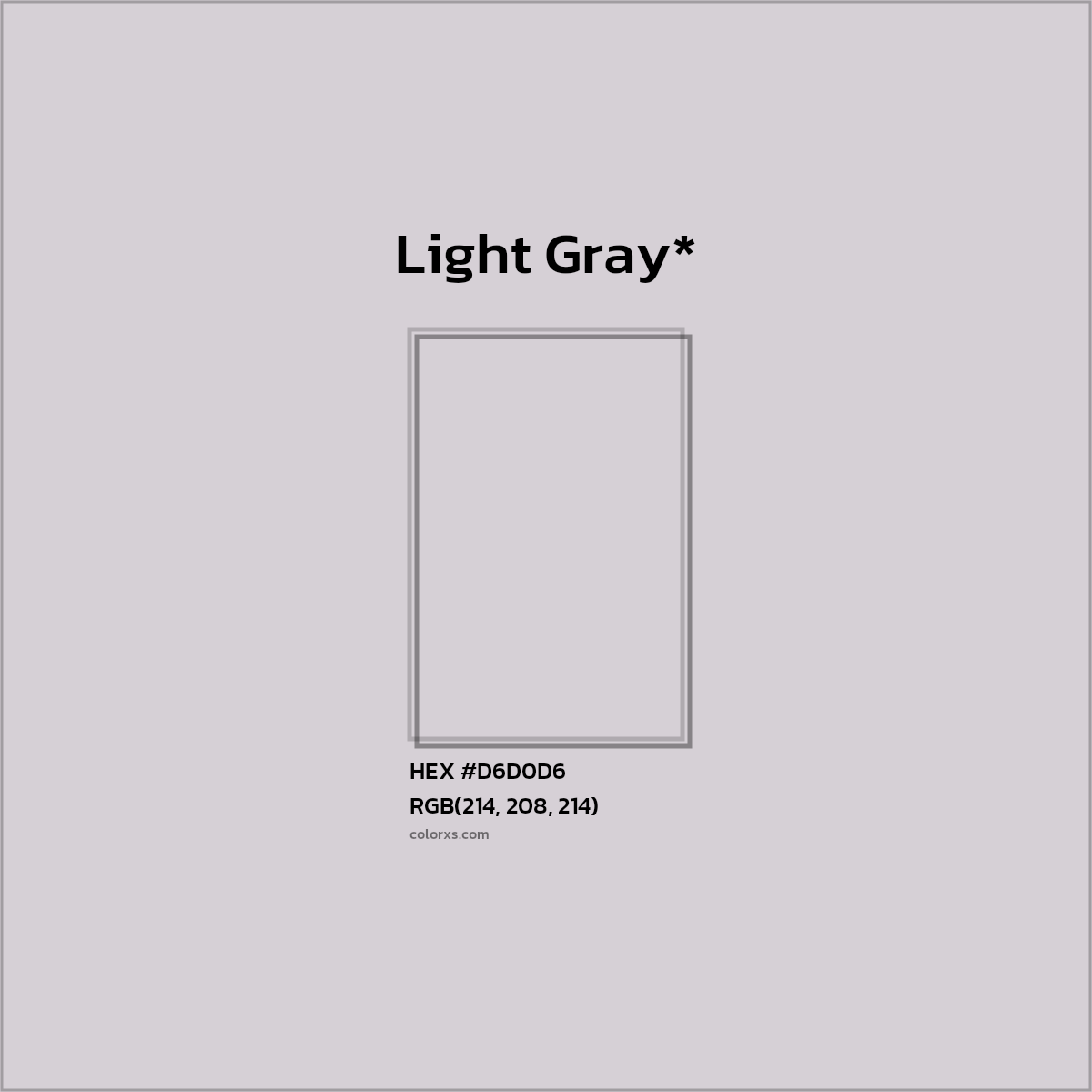 #D6D0D6 hex color. RGB, RYB, CMYK, HSL, HSV codes and color conversions. Matching color names, palettes, paints.