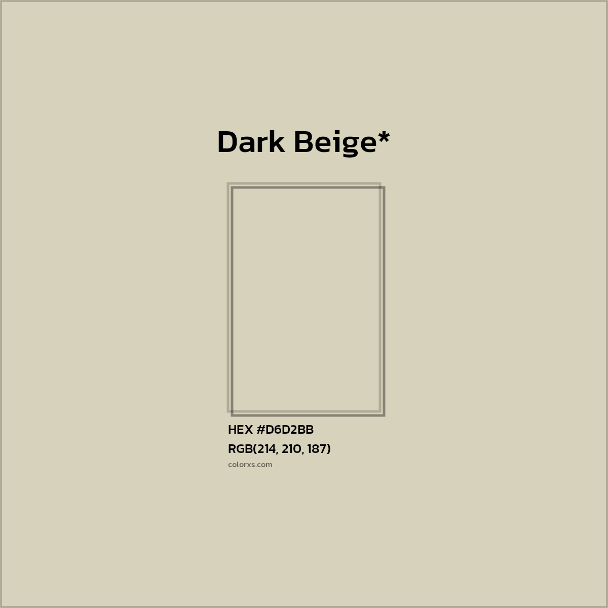 #D6D2BB hex color. RGB, RYB, CMYK, HSL, HSV codes and color conversions. Matching color names, palettes, paints.