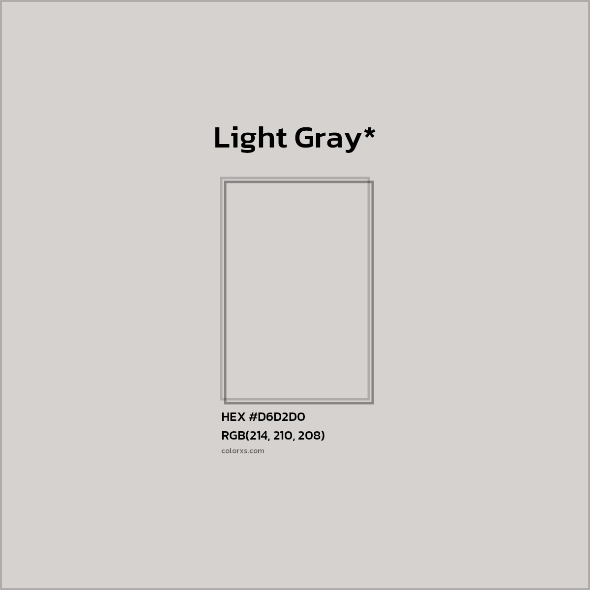 #D6D2D0 hex color. RGB, RYB, CMYK, HSL, HSV codes and color conversions. Matching color names, palettes, paints.