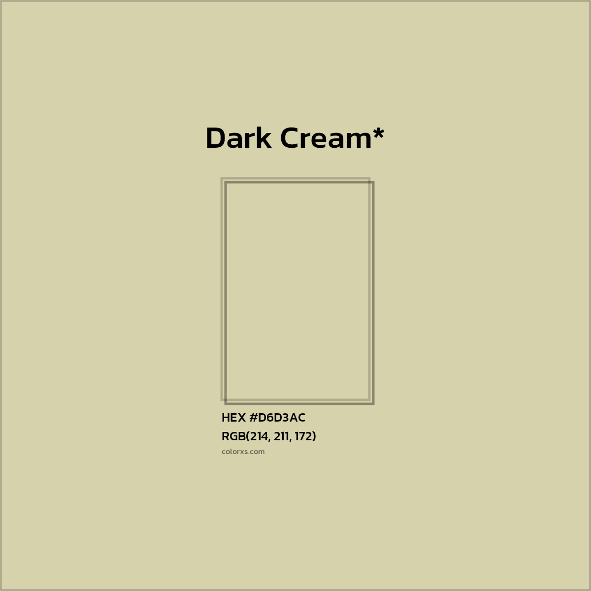 #D6D3AC hex color. RGB, RYB, CMYK, HSL, HSV codes and color conversions. Matching color names, palettes, paints.
