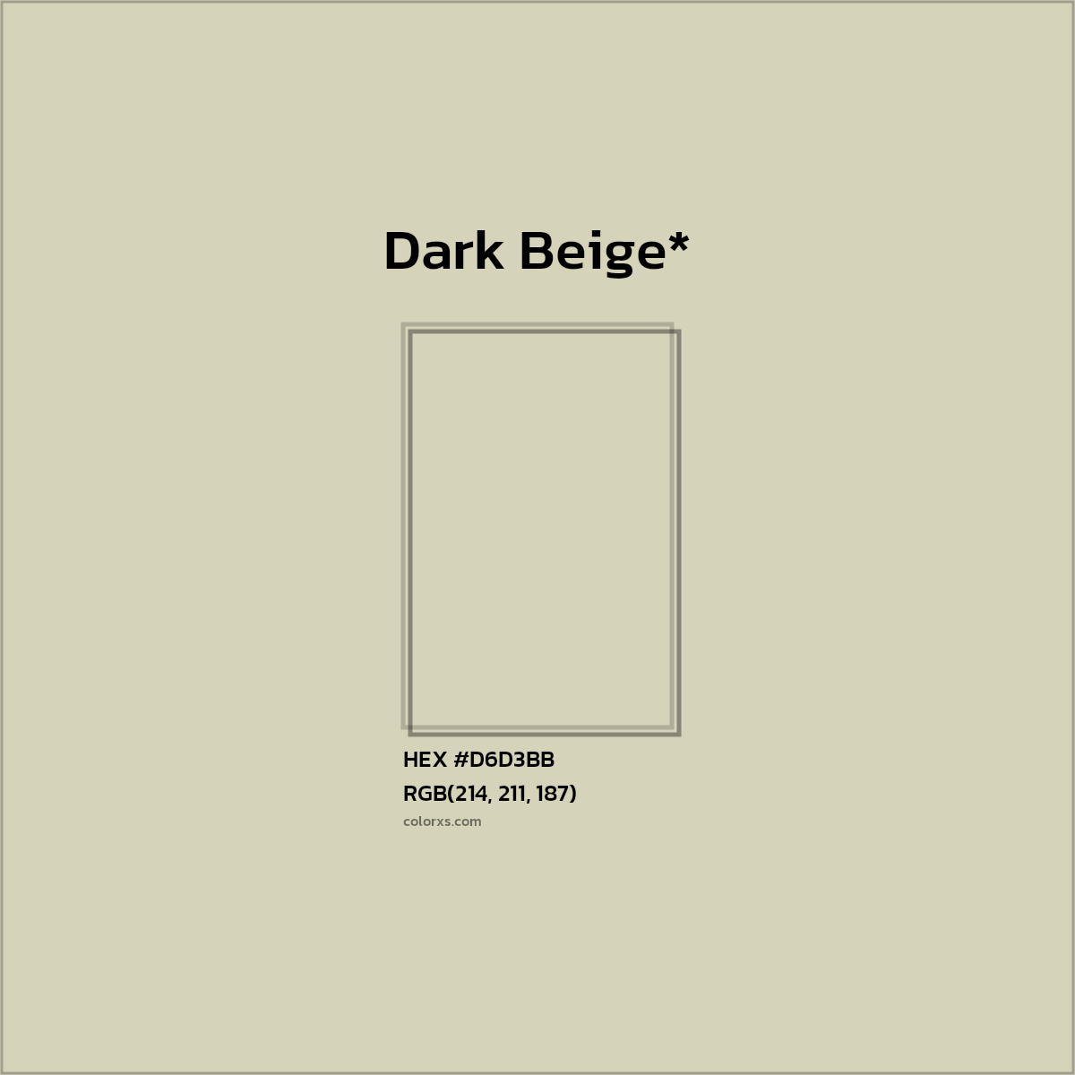 #D6D3BB hex color. RGB, RYB, CMYK, HSL, HSV codes and color conversions. Matching color names, palettes, paints.