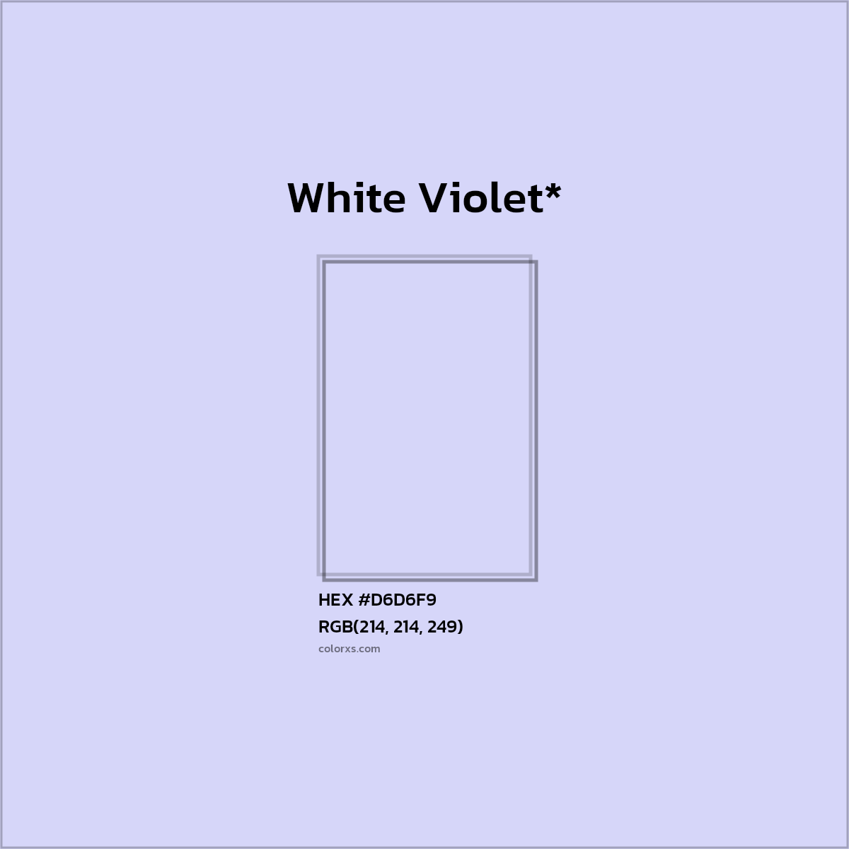 #D6D6F9 hex color. RGB, RYB, CMYK, HSL, HSV codes and color conversions. Matching color names, palettes, paints.