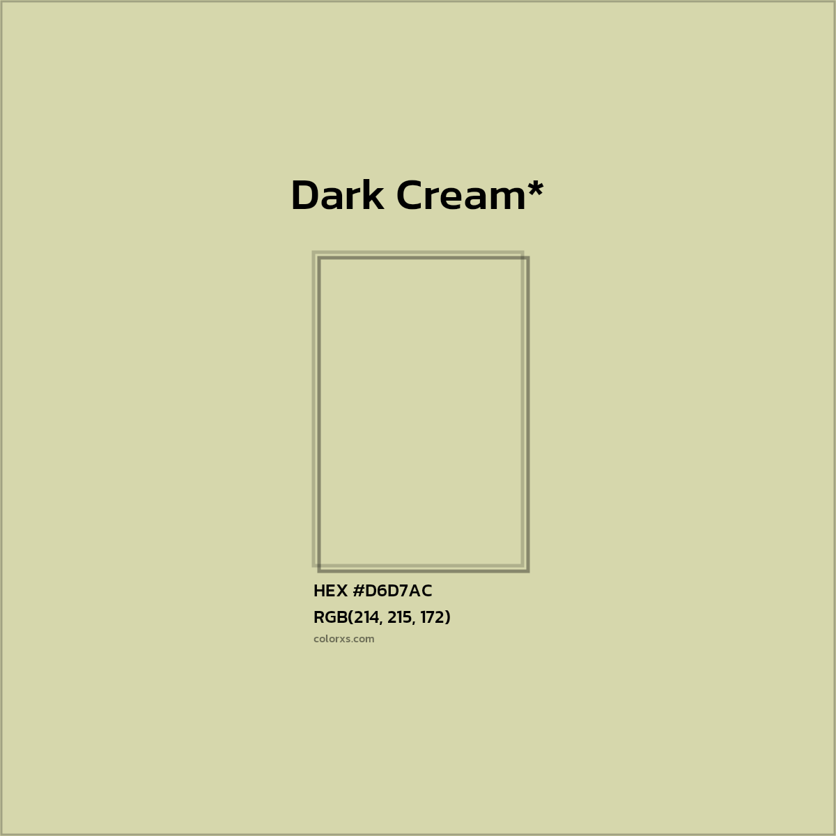 #D6D7AC hex color. RGB, RYB, CMYK, HSL, HSV codes and color conversions. Matching color names, palettes, paints.