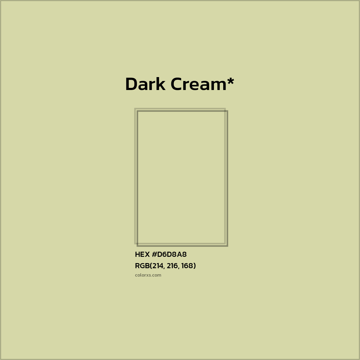 #D6D8A8 hex color. RGB, RYB, CMYK, HSL, HSV codes and color conversions. Matching color names, palettes, paints.