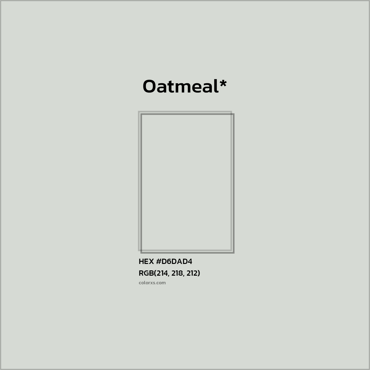 #D6DAD4 hex color. RGB, RYB, CMYK, HSL, HSV codes and color conversions. Matching color names, palettes, paints.