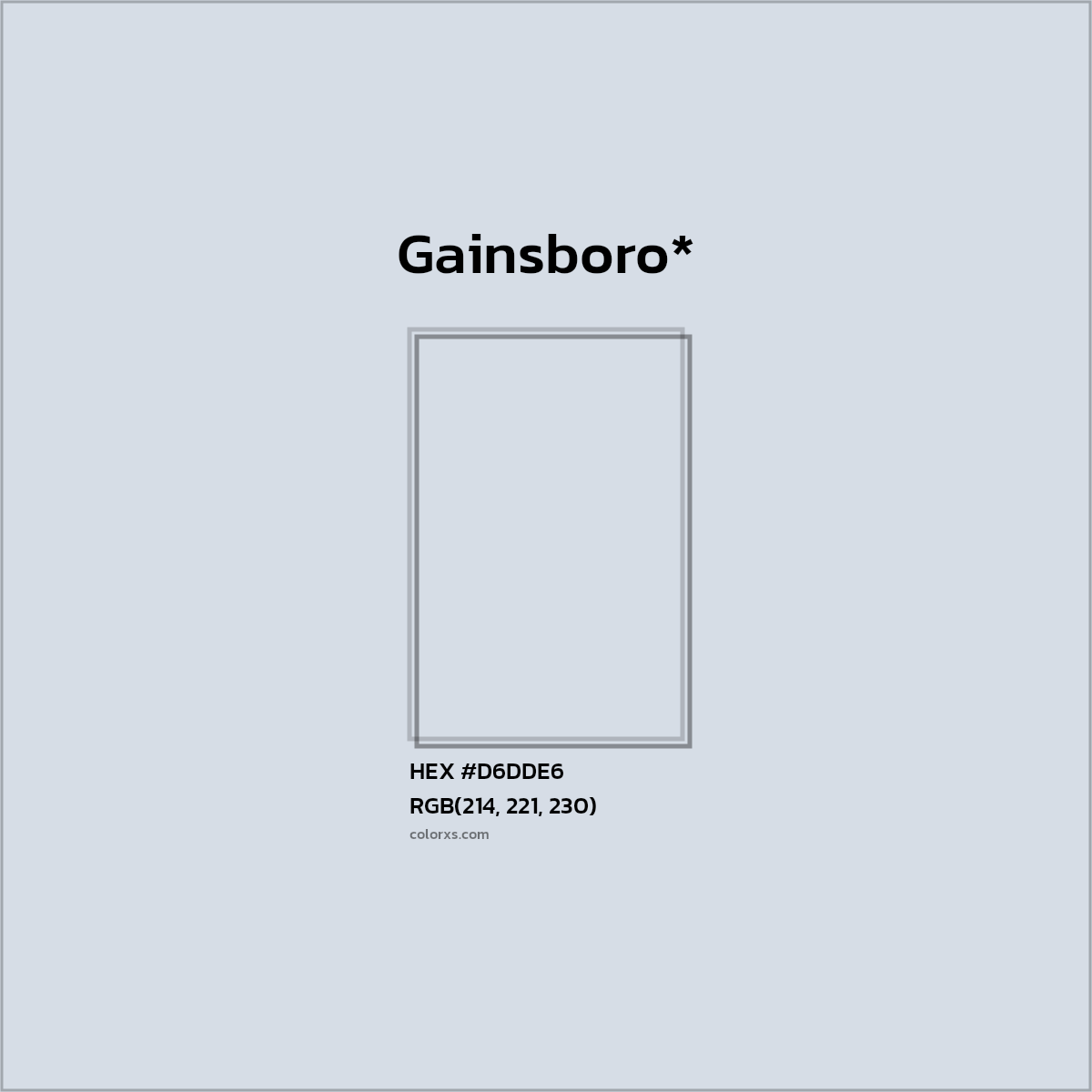 #D6DDE6 hex color. RGB, RYB, CMYK, HSL, HSV codes and color conversions. Matching color names, palettes, paints.