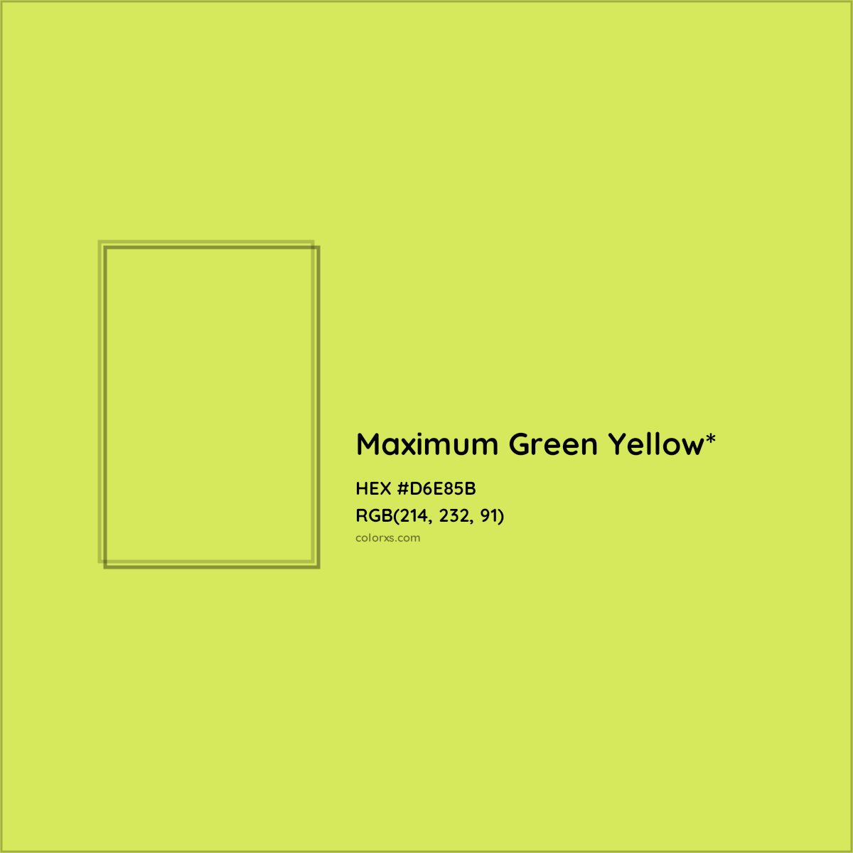 #D6E85B hex color. RGB, RYB, CMYK, HSL, HSV codes and color conversions. Matching color names, palettes, paints.