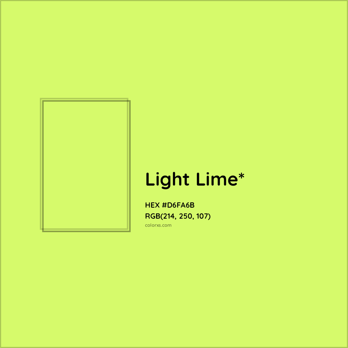 #D6FA6B hex color. RGB, RYB, CMYK, HSL, HSV codes and color conversions. Matching color names, palettes, paints.