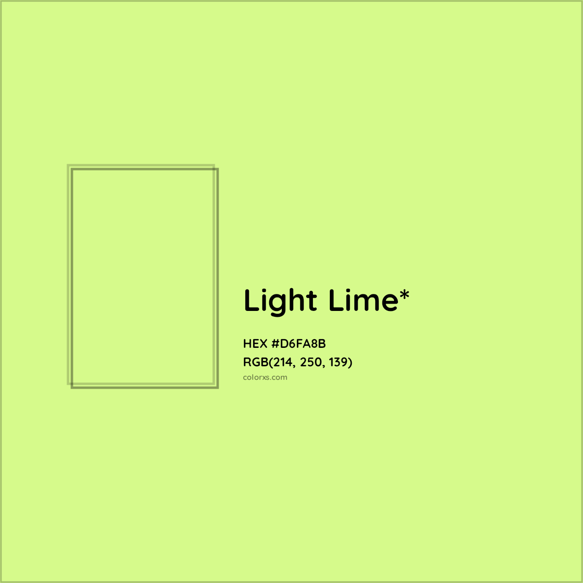 #D6FA8B hex color. RGB, RYB, CMYK, HSL, HSV codes and color conversions. Matching color names, palettes, paints.