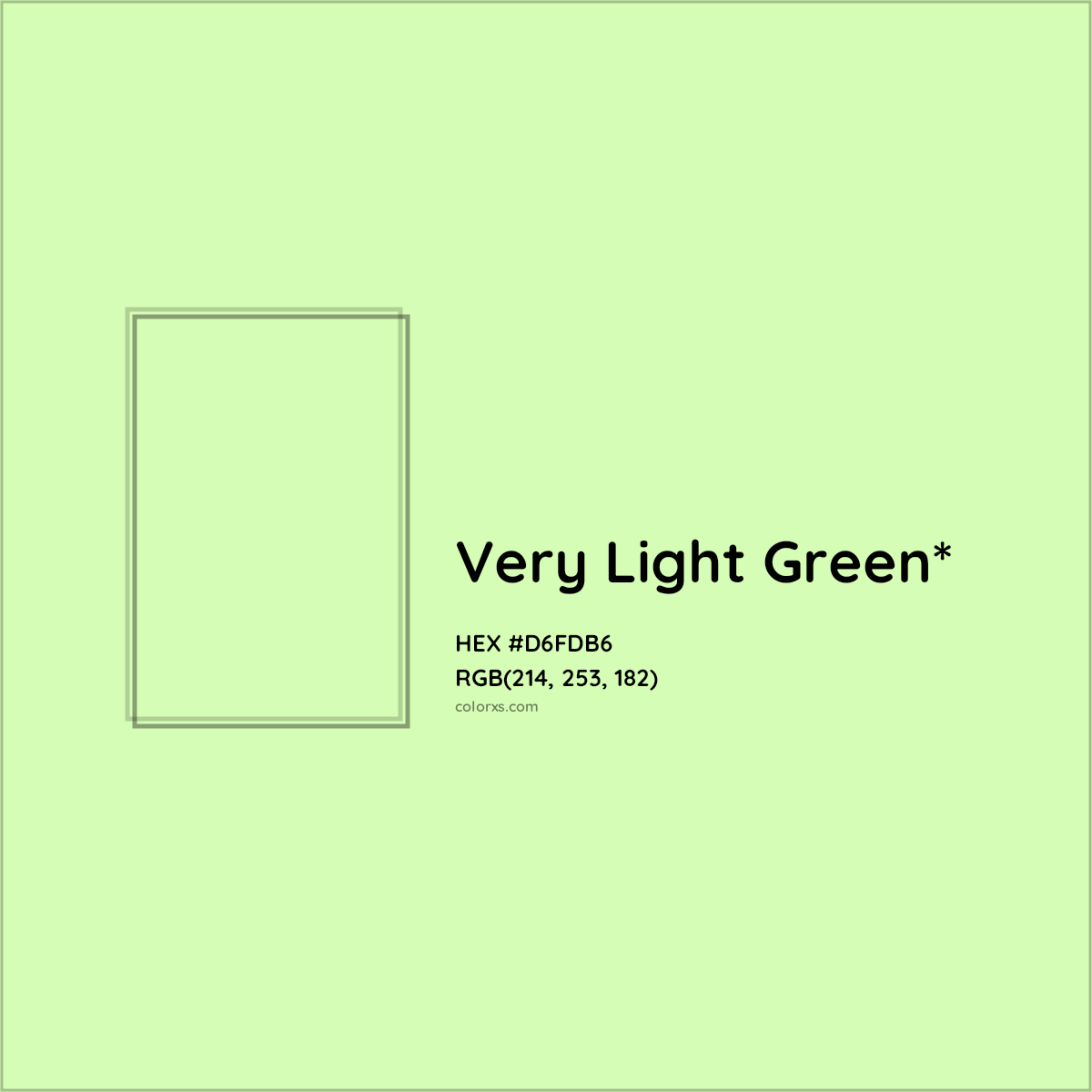 #D6FDB6 hex color. RGB, RYB, CMYK, HSL, HSV codes and color conversions. Matching color names, palettes, paints.