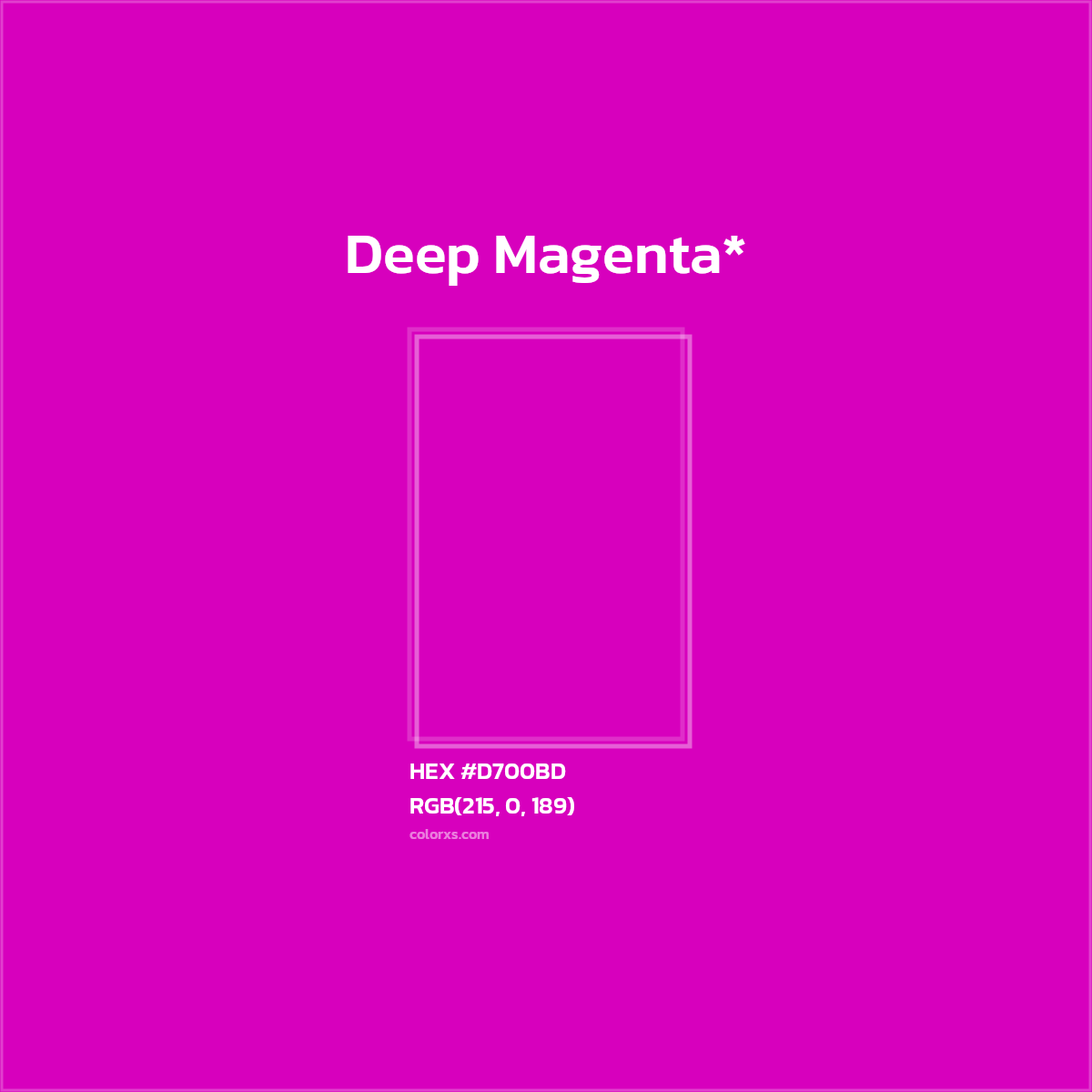#D700BD hex color. RGB, RYB, CMYK, HSL, HSV codes and color conversions. Matching color names, palettes, paints.