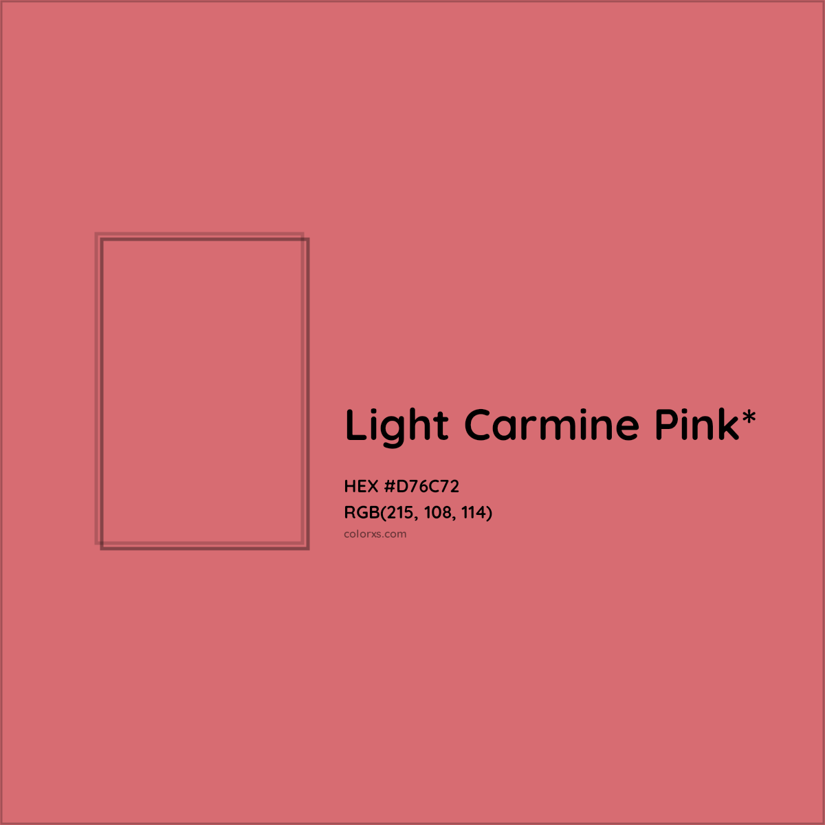 #D76C72 hex color. RGB, RYB, CMYK, HSL, HSV codes and color conversions. Matching color names, palettes, paints.