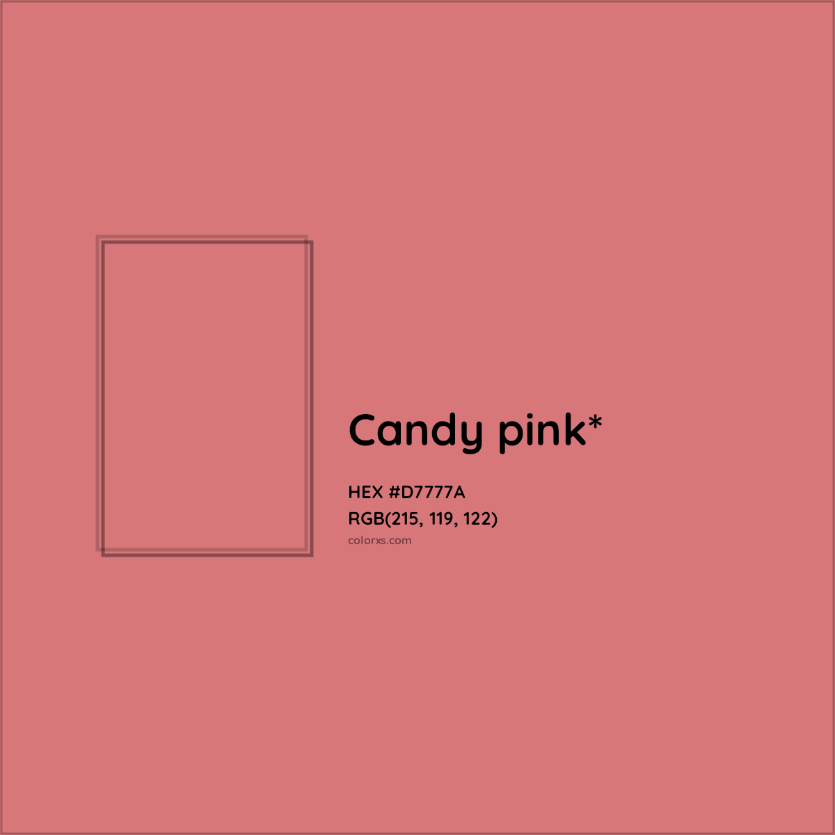 #D7777A hex color. RGB, RYB, CMYK, HSL, HSV codes and color conversions. Matching color names, palettes, paints.