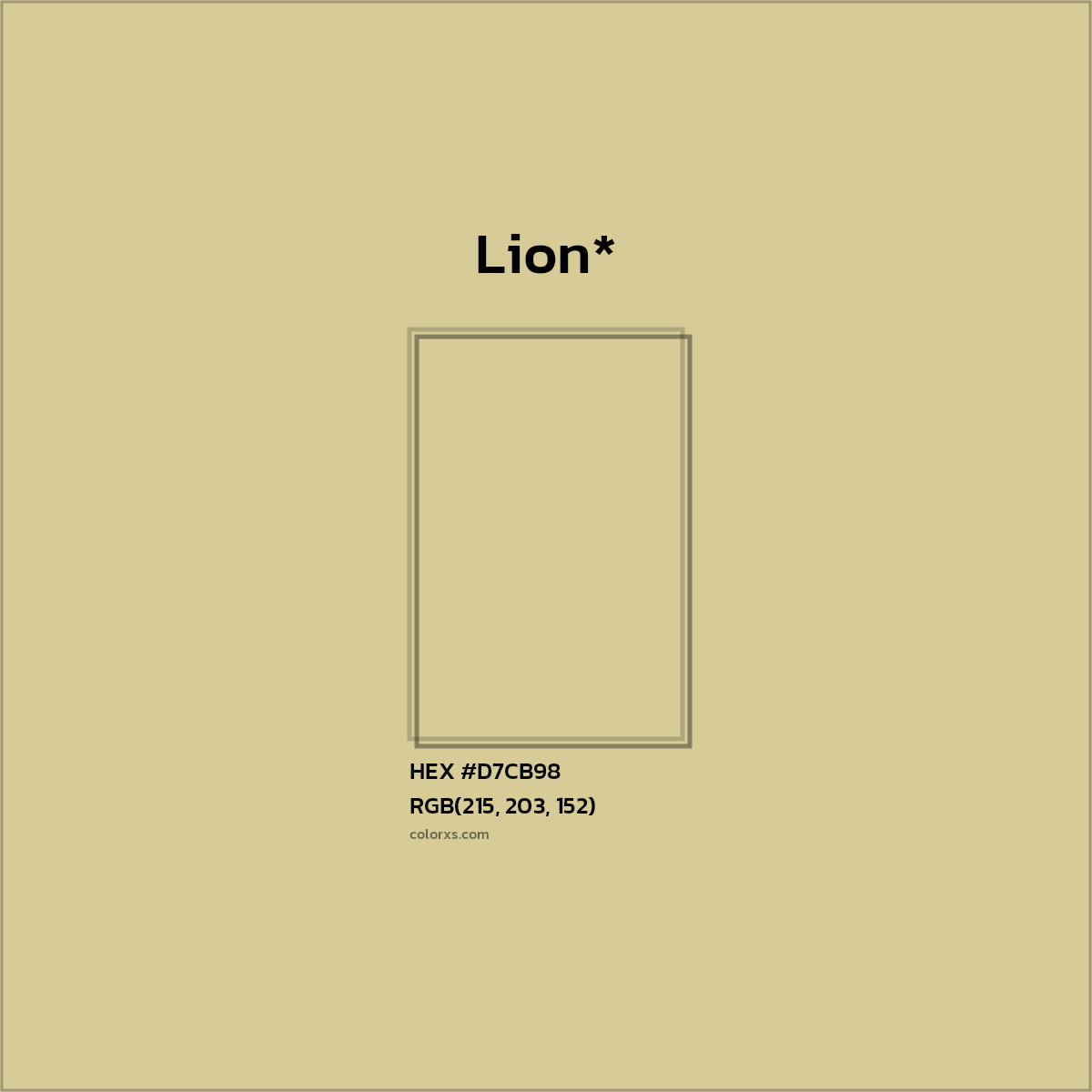 #D7CB98 hex color. RGB, RYB, CMYK, HSL, HSV codes and color conversions. Matching color names, palettes, paints.
