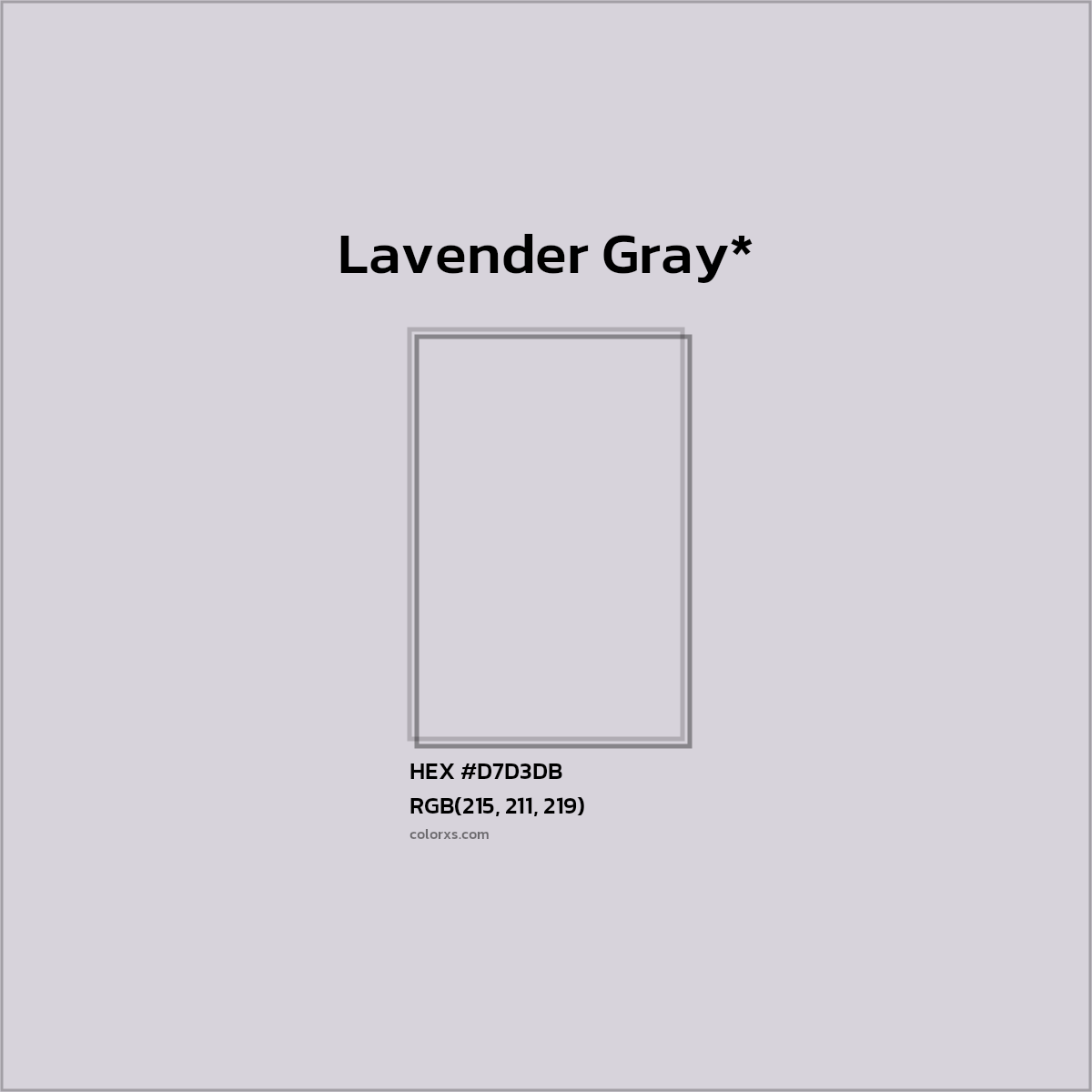 #D7D3DB hex color. RGB, RYB, CMYK, HSL, HSV codes and color conversions. Matching color names, palettes, paints.