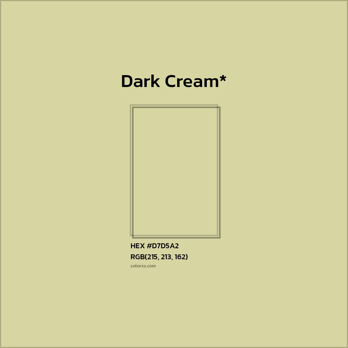 #D7D5A2 hex color. RGB, RYB, CMYK, HSL, HSV codes and color conversions. Matching color names, palettes, paints.