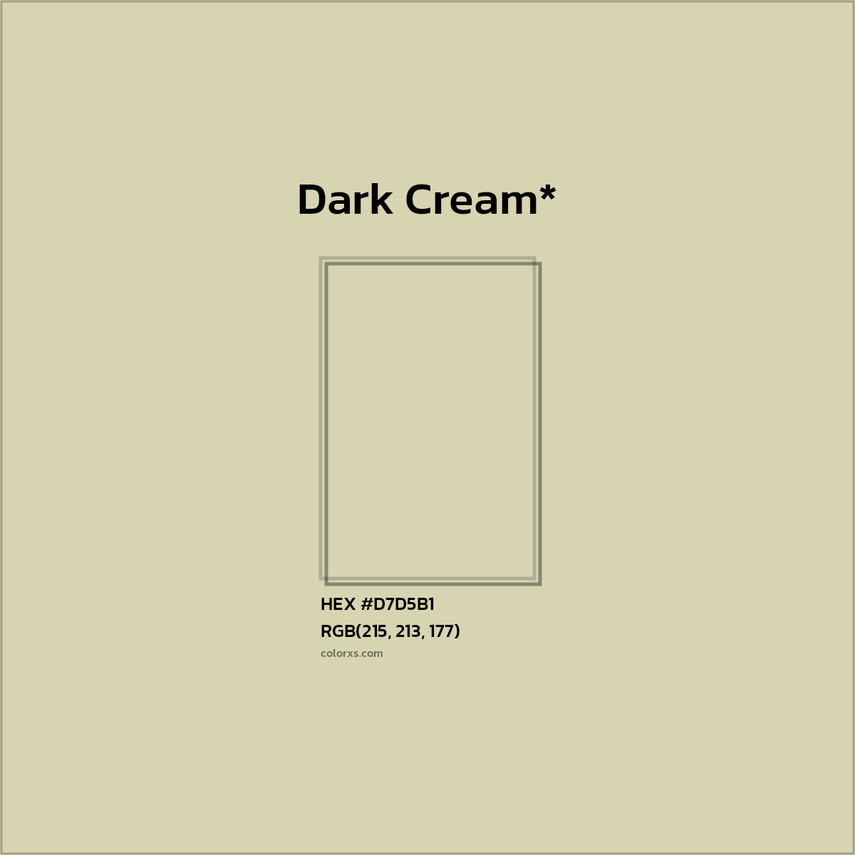 #D7D5B1 hex color. RGB, RYB, CMYK, HSL, HSV codes and color conversions. Matching color names, palettes, paints.