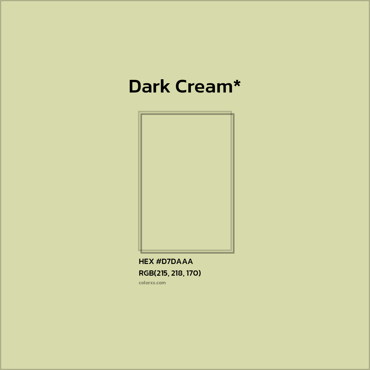 #D7DAAA hex color. RGB, RYB, CMYK, HSL, HSV codes and color conversions. Matching color names, palettes, paints.