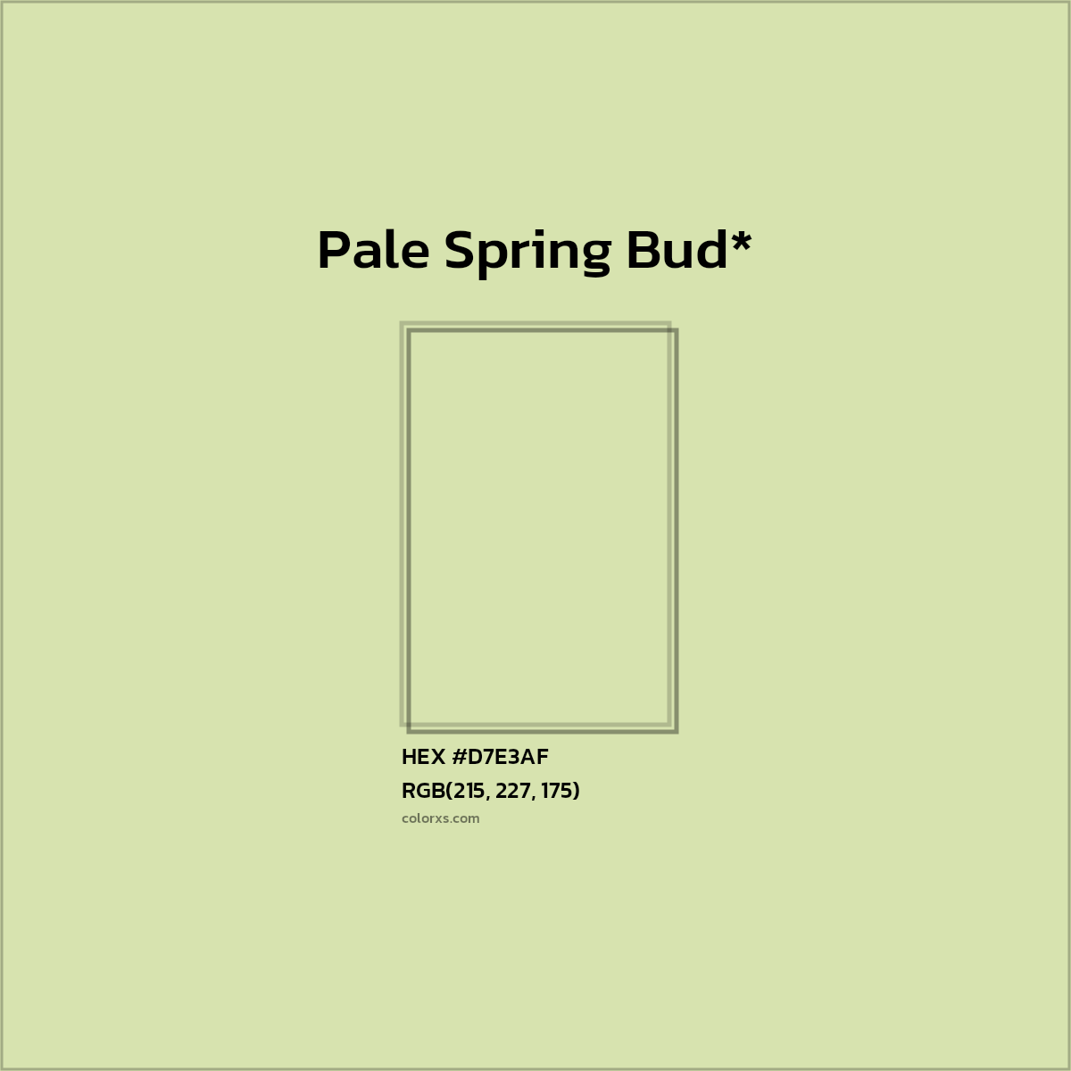 #D7E3AF hex color. RGB, RYB, CMYK, HSL, HSV codes and color conversions. Matching color names, palettes, paints.