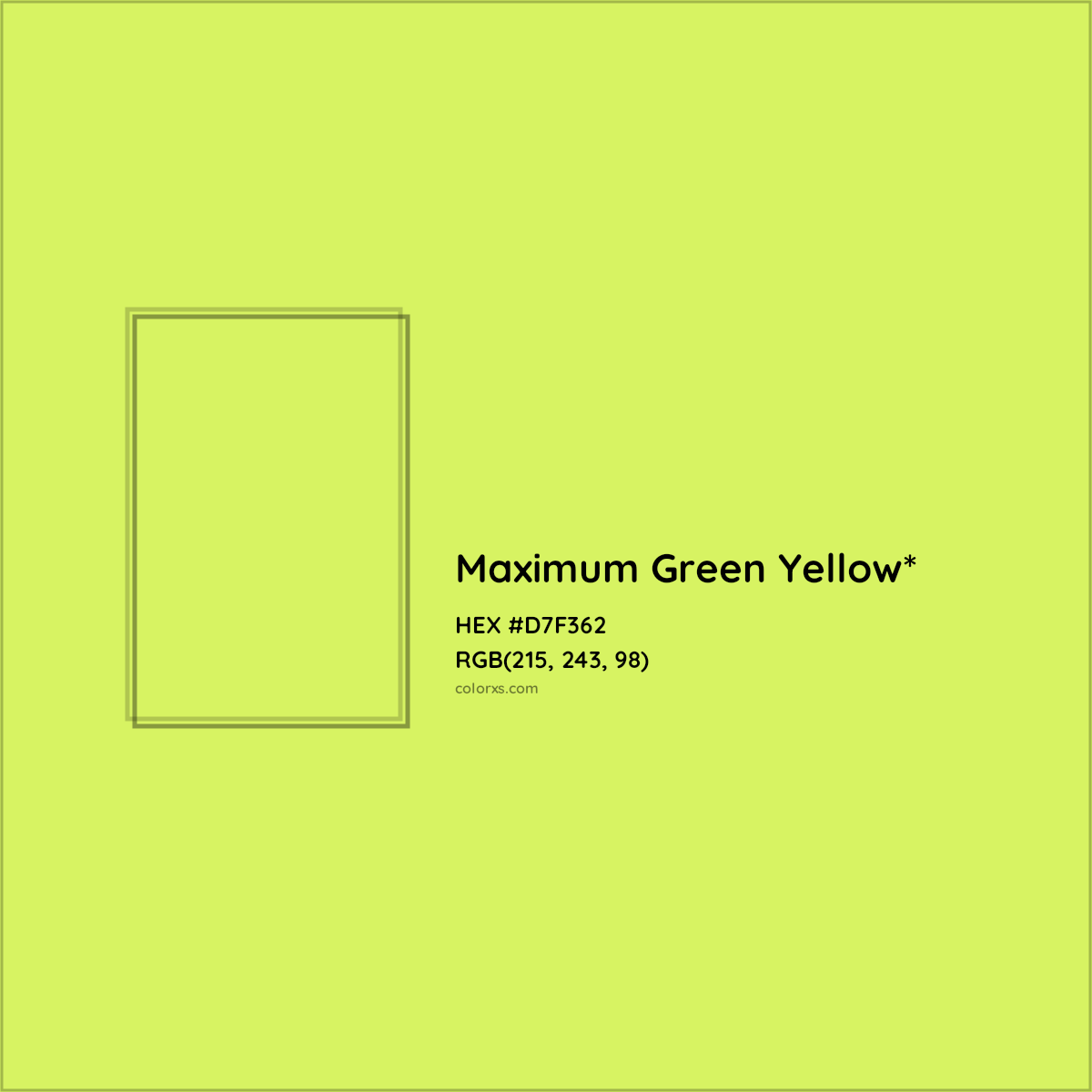 #D7F362 hex color. RGB, RYB, CMYK, HSL, HSV codes and color conversions. Matching color names, palettes, paints.