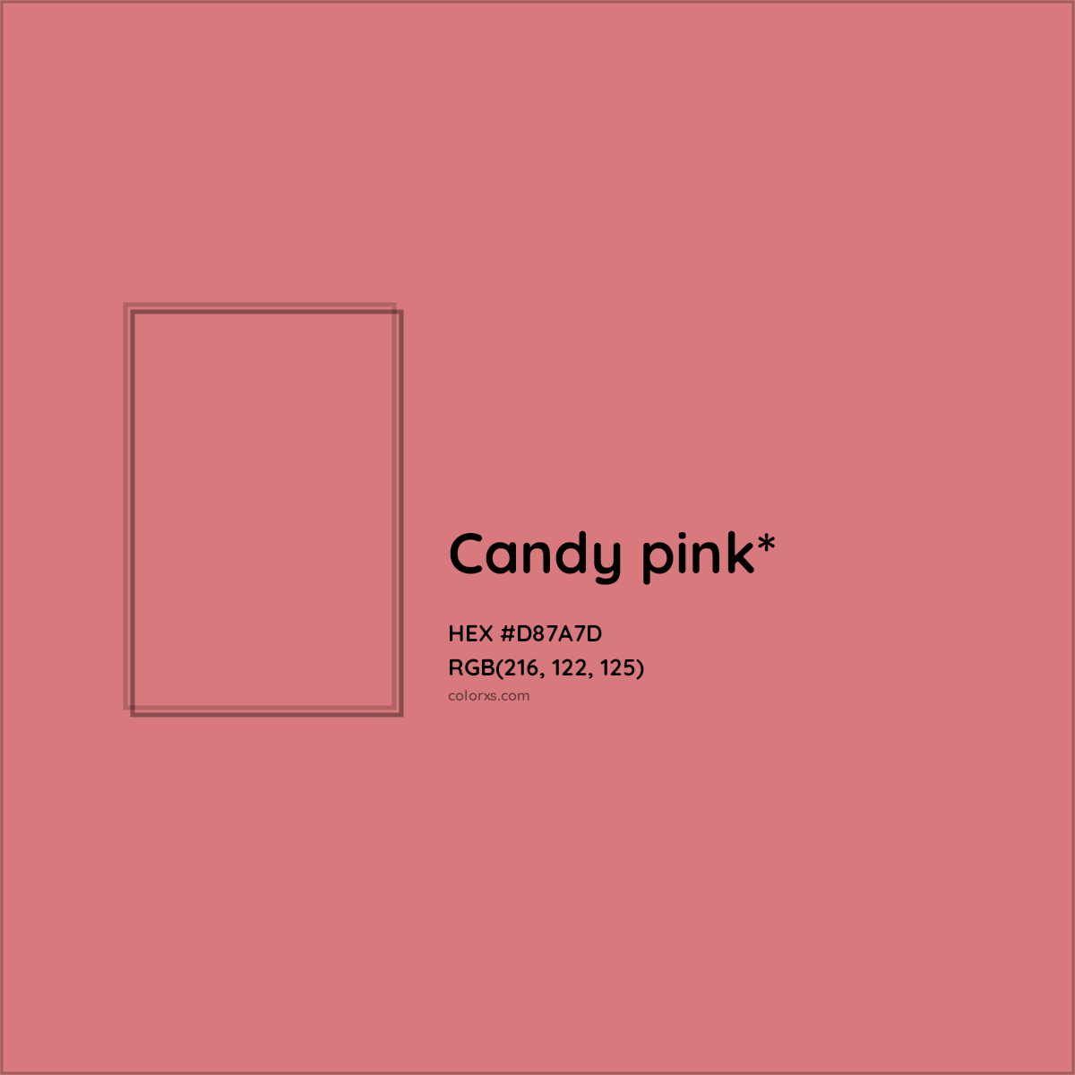 #D87A7D hex color. RGB, RYB, CMYK, HSL, HSV codes and color conversions. Matching color names, palettes, paints.