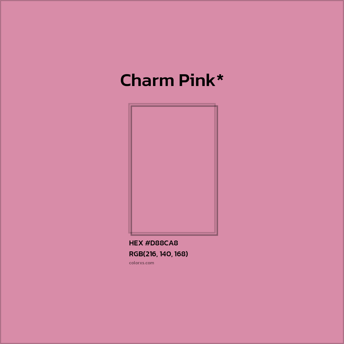 #D88CA8 hex color. RGB, RYB, CMYK, HSL, HSV codes and color conversions. Matching color names, palettes, paints.