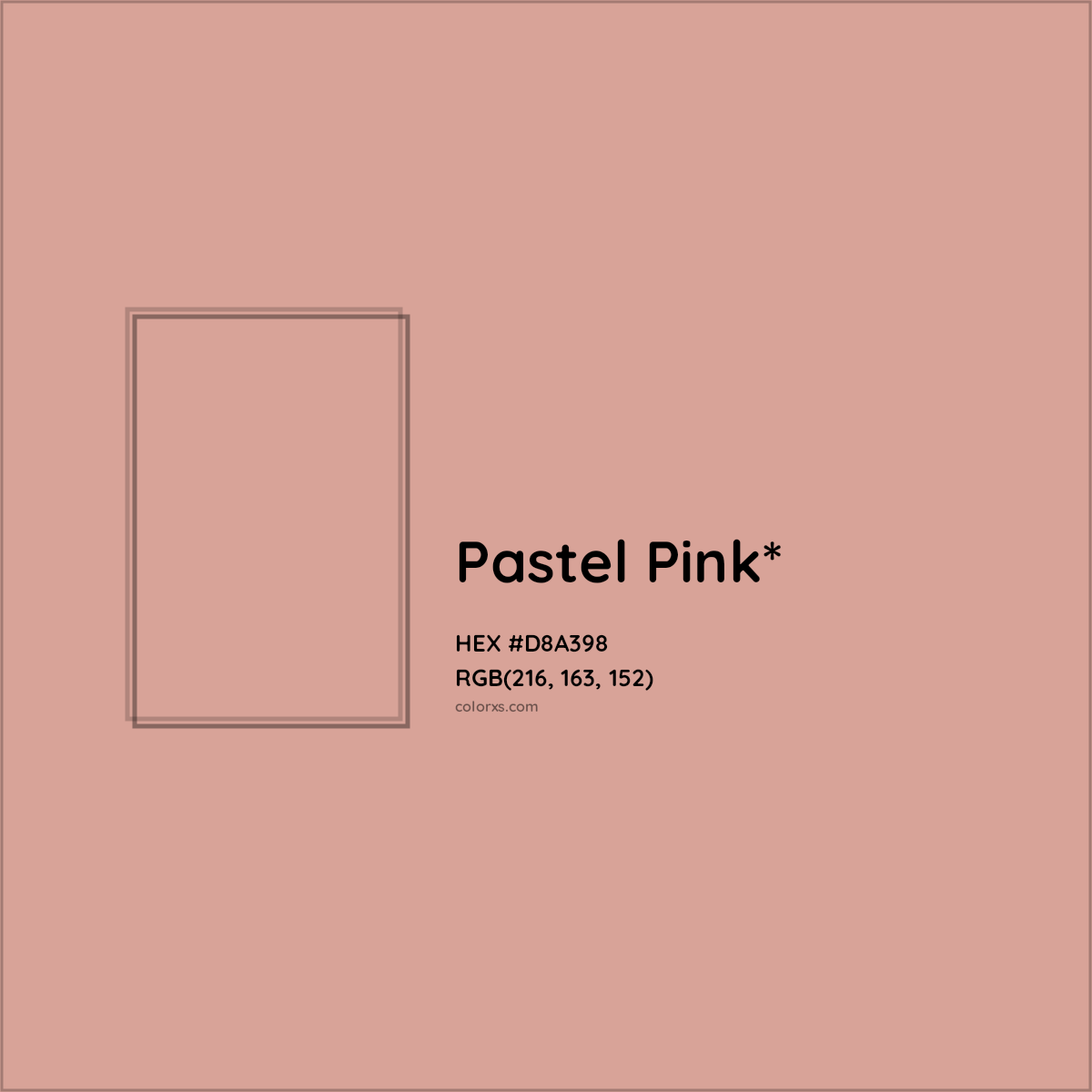 #D8A398 hex color. RGB, RYB, CMYK, HSL, HSV codes and color conversions. Matching color names, palettes, paints.