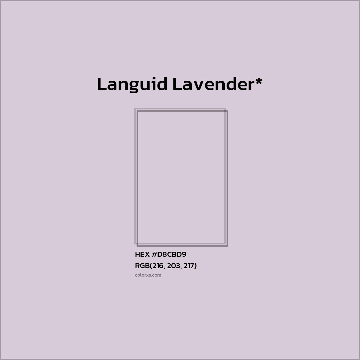 #D8CBD9 hex color. RGB, RYB, CMYK, HSL, HSV codes and color conversions. Matching color names, palettes, paints.