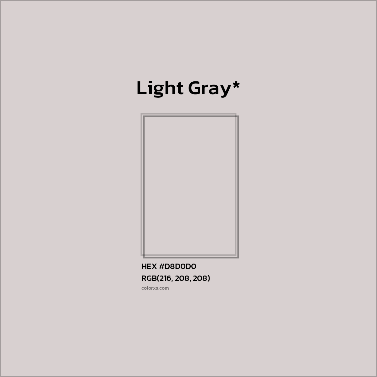 #D8D0D0 hex color. RGB, RYB, CMYK, HSL, HSV codes and color conversions. Matching color names, palettes, paints.