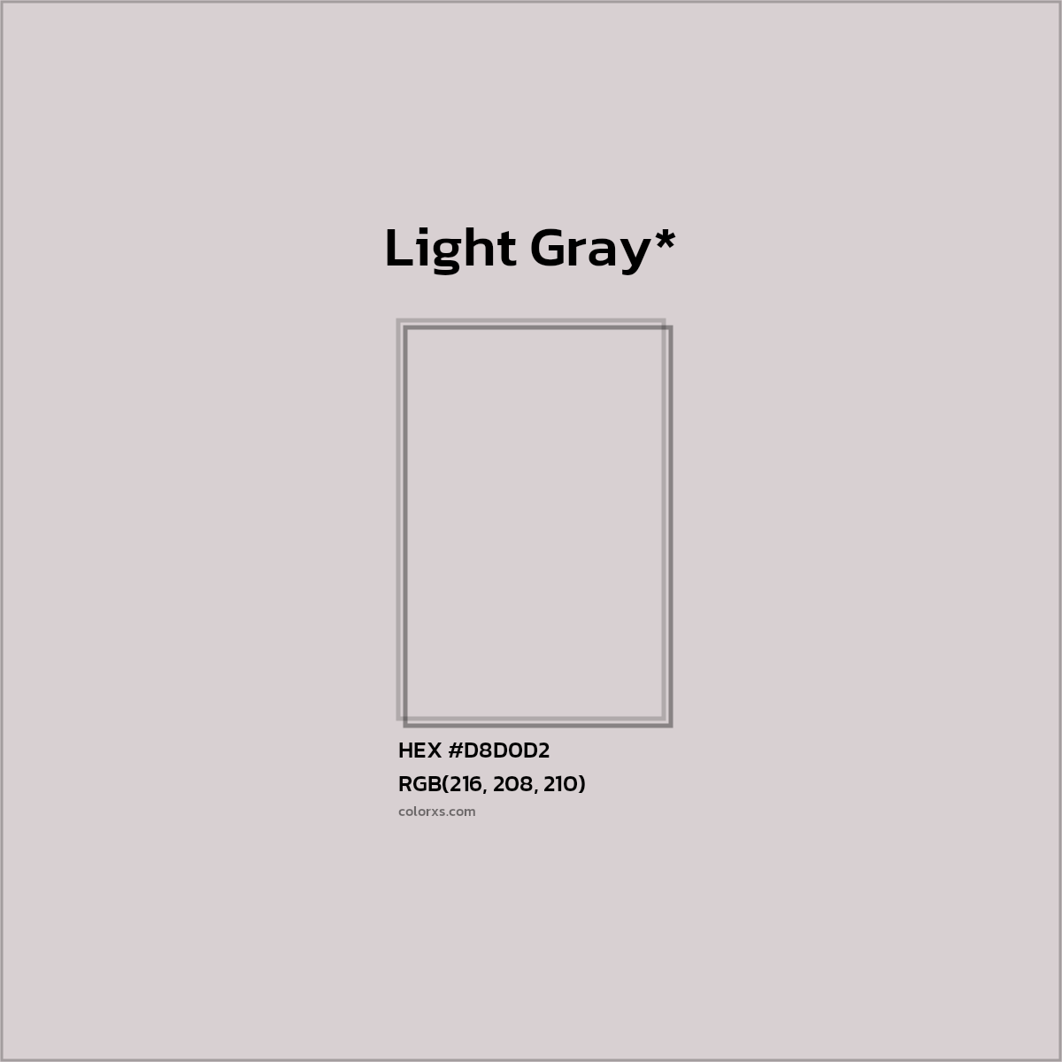 #D8D0D2 hex color. RGB, RYB, CMYK, HSL, HSV codes and color conversions. Matching color names, palettes, paints.