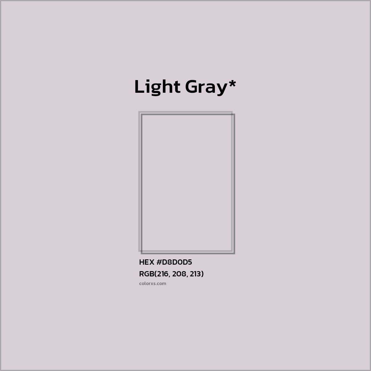 #D8D0D5 hex color. RGB, RYB, CMYK, HSL, HSV codes and color conversions. Matching color names, palettes, paints.