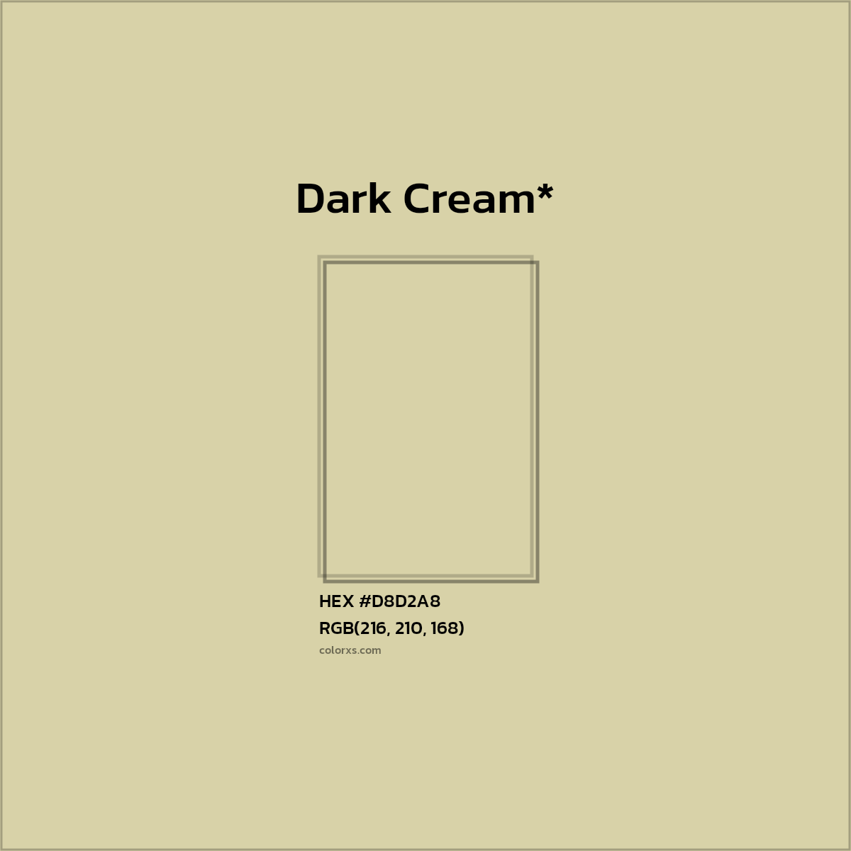 #D8D2A8 hex color. RGB, RYB, CMYK, HSL, HSV codes and color conversions. Matching color names, palettes, paints.