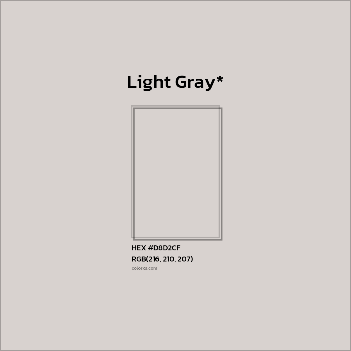 #D8D2CF hex color. RGB, RYB, CMYK, HSL, HSV codes and color conversions. Matching color names, palettes, paints.