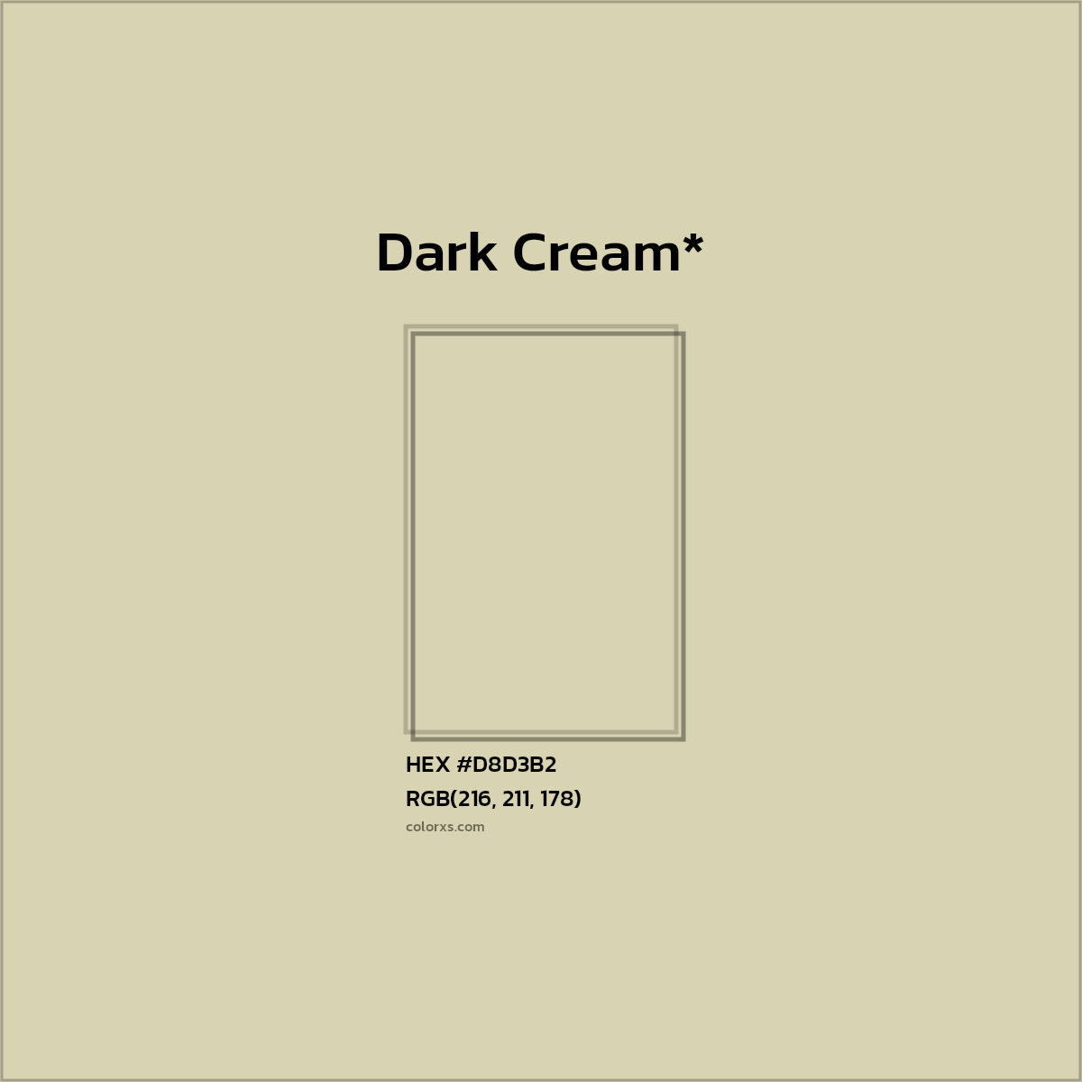 #D8D3B2 hex color. RGB, RYB, CMYK, HSL, HSV codes and color conversions. Matching color names, palettes, paints.