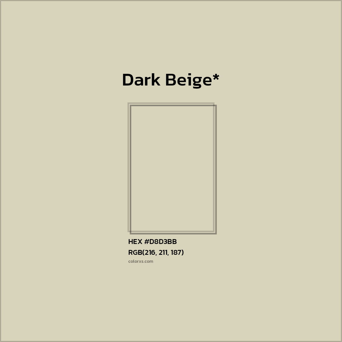 #D8D3BB hex color. RGB, RYB, CMYK, HSL, HSV codes and color conversions. Matching color names, palettes, paints.