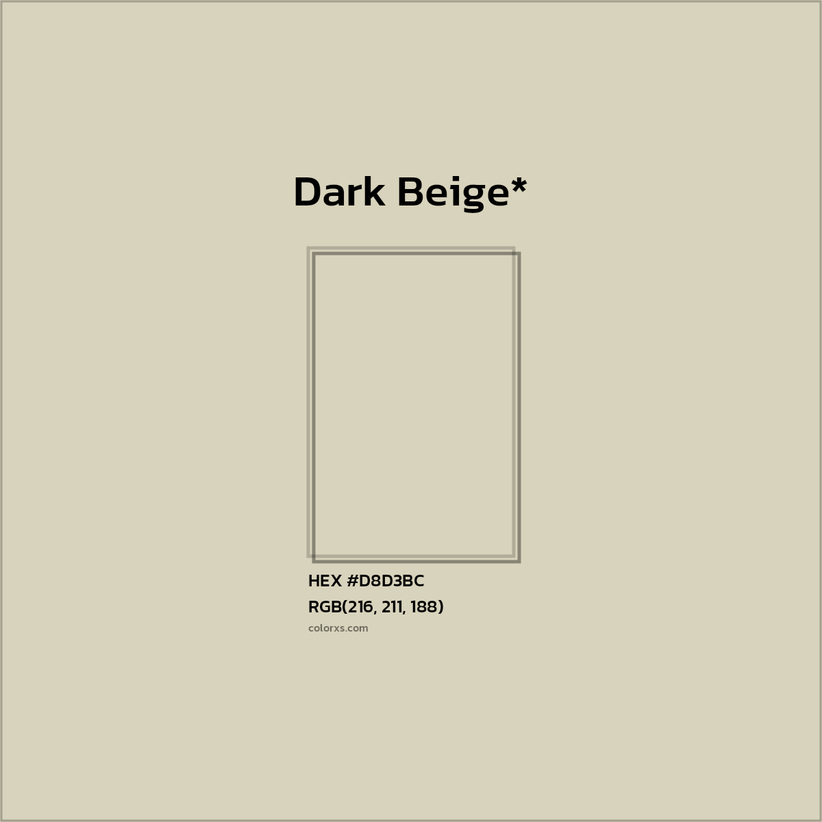 #D8D3BC hex color. RGB, RYB, CMYK, HSL, HSV codes and color conversions. Matching color names, palettes, paints.