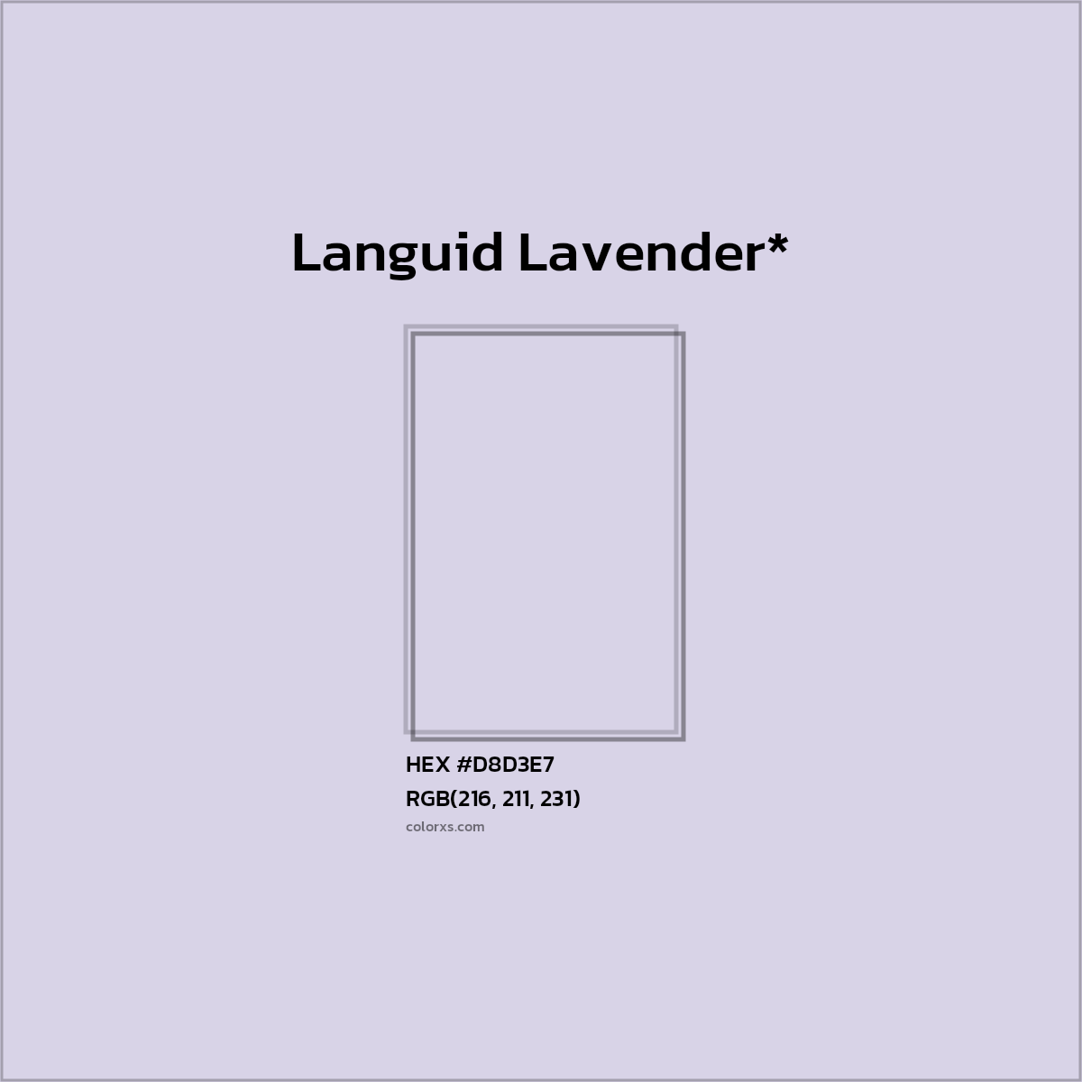 #D8D3E7 hex color. RGB, RYB, CMYK, HSL, HSV codes and color conversions. Matching color names, palettes, paints.