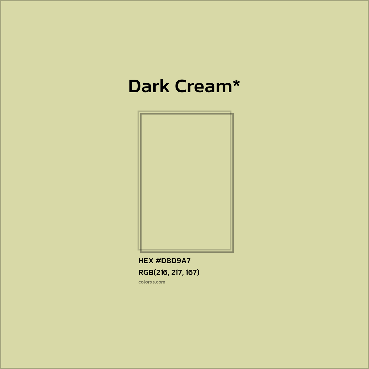 #D8D9A7 hex color. RGB, RYB, CMYK, HSL, HSV codes and color conversions. Matching color names, palettes, paints.