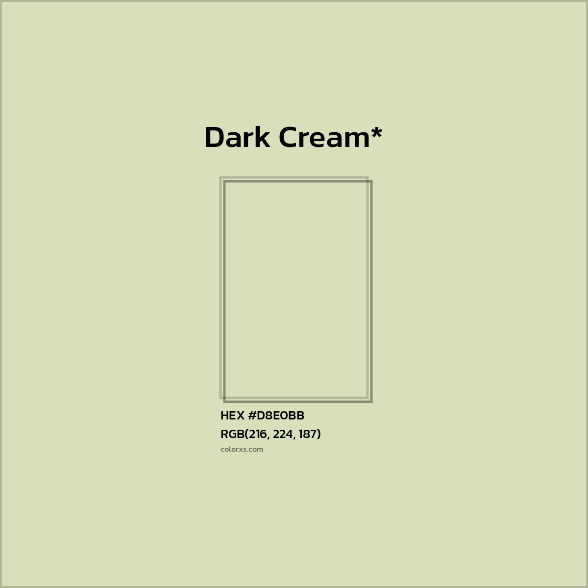 #D8E0BB hex color. RGB, RYB, CMYK, HSL, HSV codes and color conversions. Matching color names, palettes, paints.