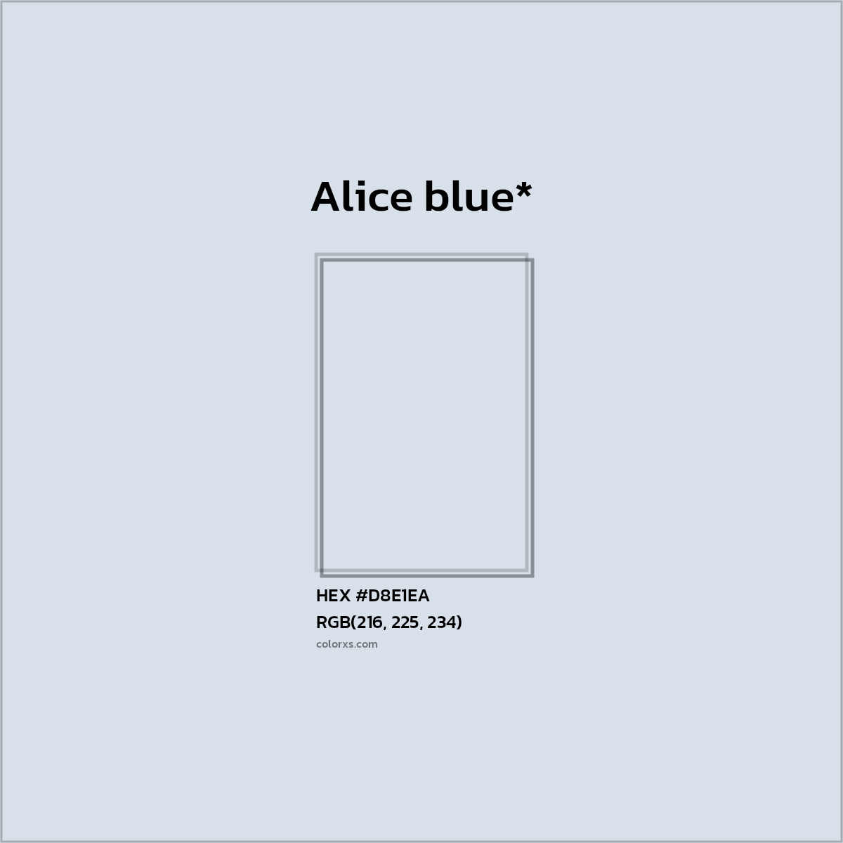 #D8E1EA hex color. RGB, RYB, CMYK, HSL, HSV codes and color conversions. Matching color names, palettes, paints.