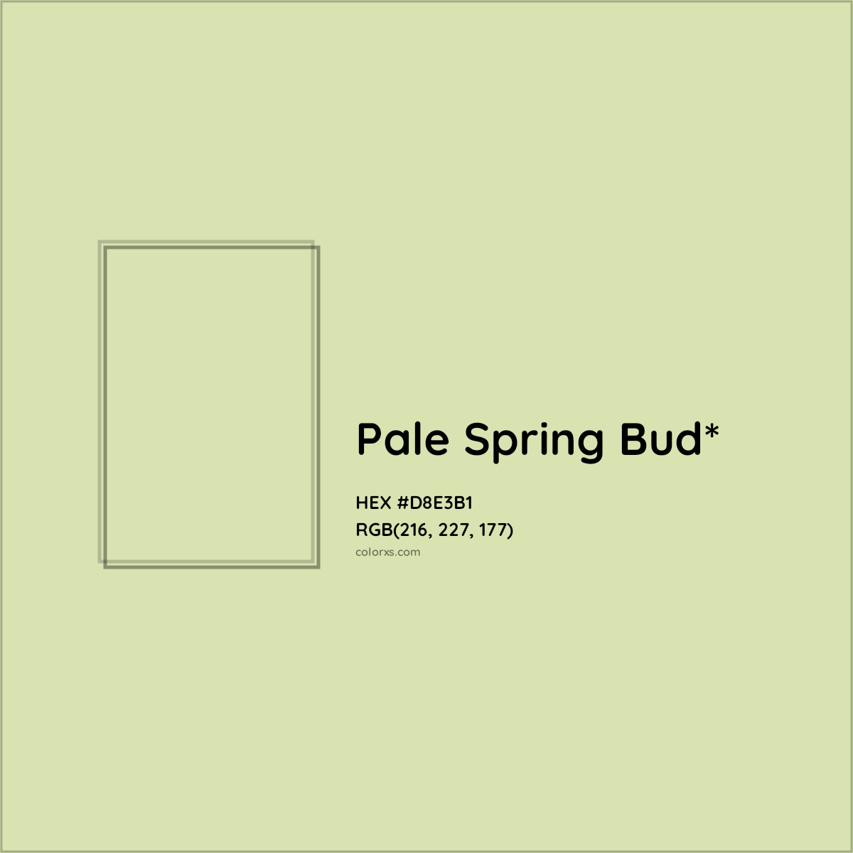 #D8E3B1 hex color. RGB, RYB, CMYK, HSL, HSV codes and color conversions. Matching color names, palettes, paints.
