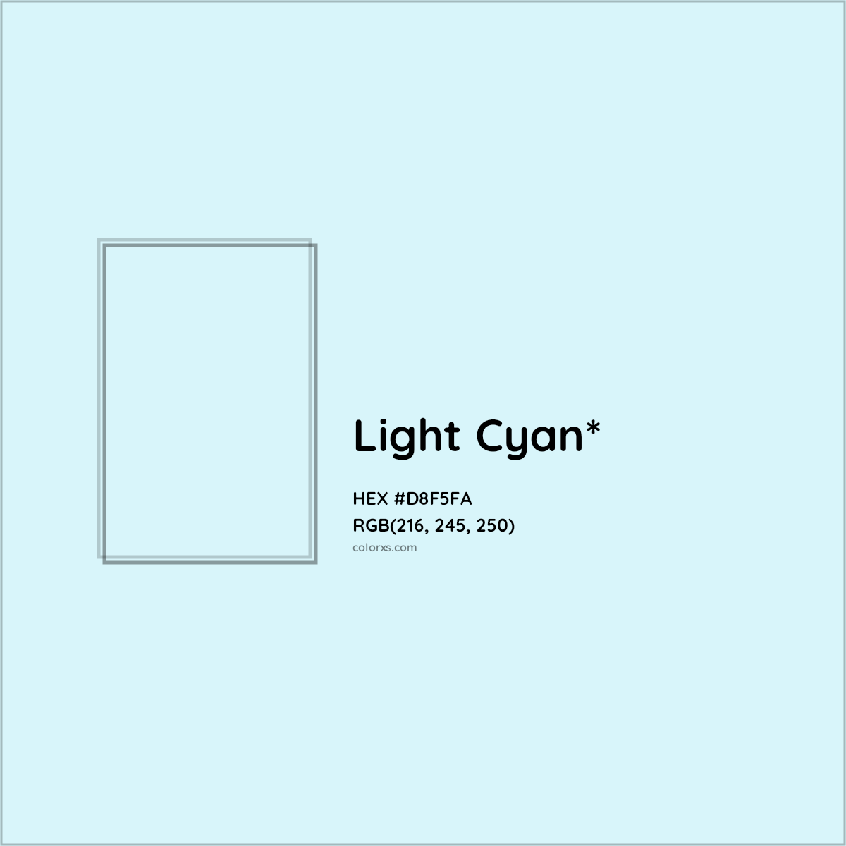 #D8F5FA hex color. RGB, RYB, CMYK, HSL, HSV codes and color conversions. Matching color names, palettes, paints.