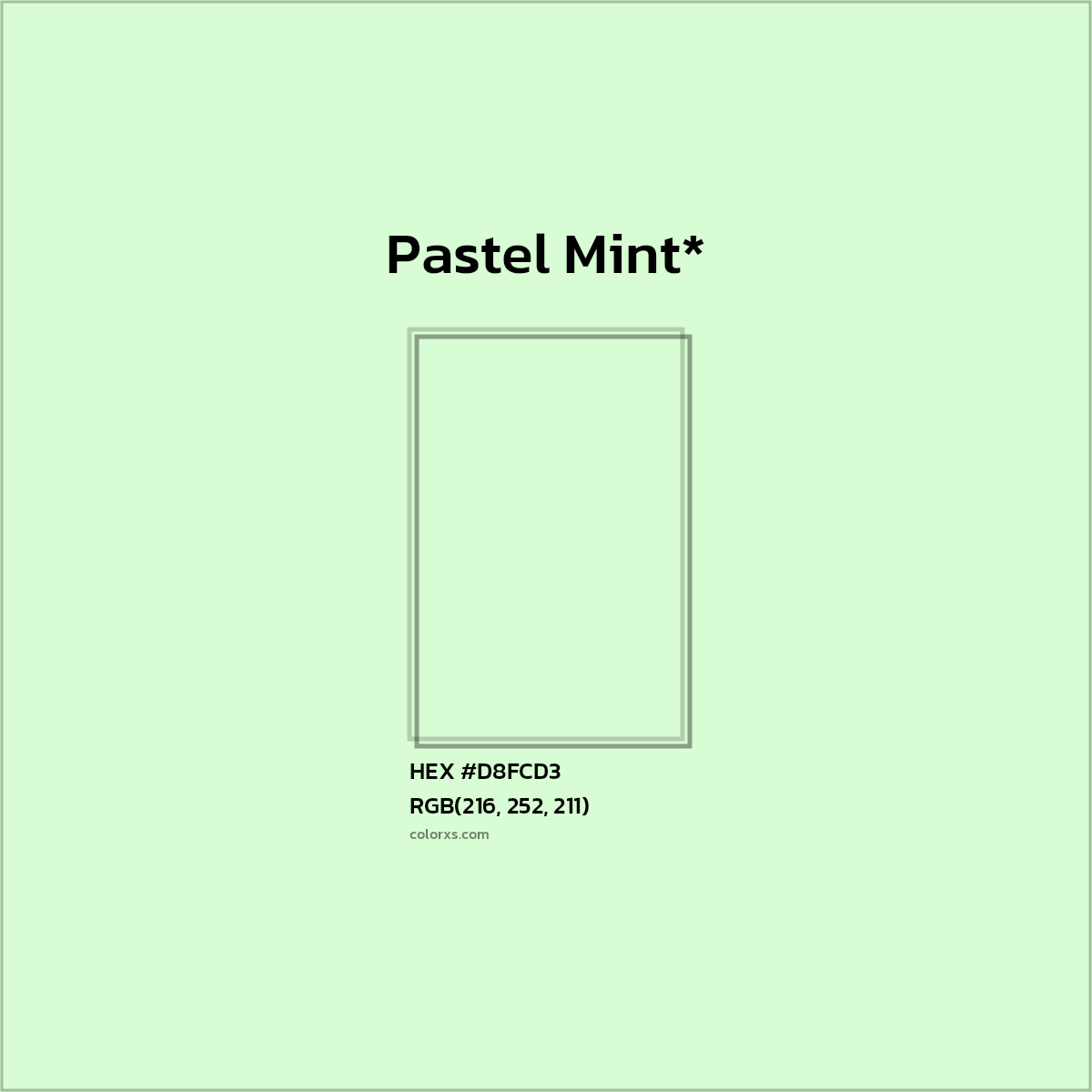 #D8FCD3 hex color. RGB, RYB, CMYK, HSL, HSV codes and color conversions. Matching color names, palettes, paints.
