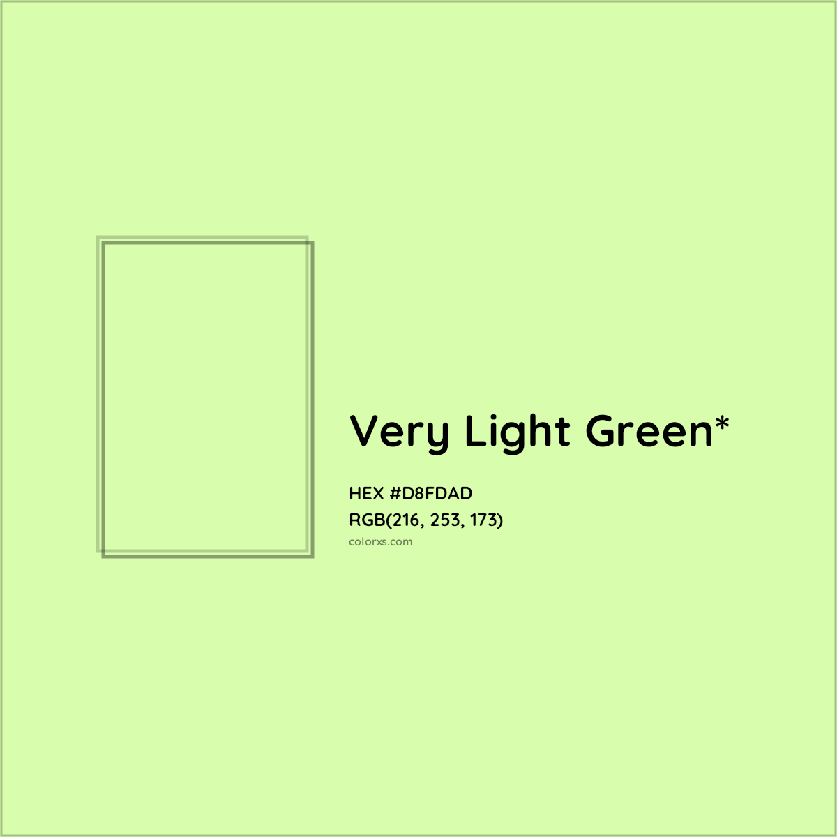 #D8FDAD hex color. RGB, RYB, CMYK, HSL, HSV codes and color conversions. Matching color names, palettes, paints.
